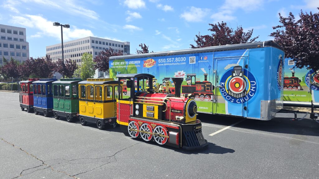 Wattman Mini Express trackless train operated by Kiddos ChuChu — event rental business Foster City California