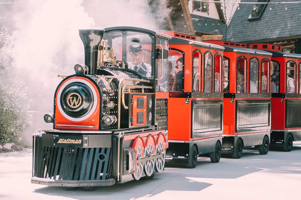 Wattman electric trackless train at Santa's Village in Skyforest, California — holiday Christmas event