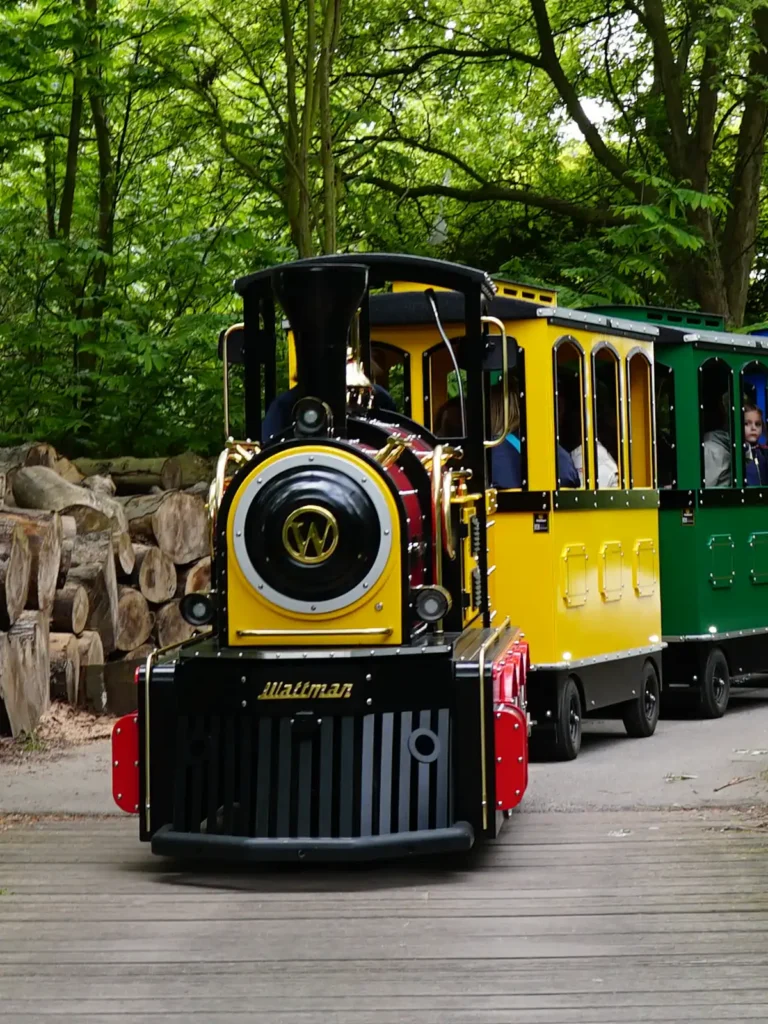 Wattman Maxi Express trackless train in outdoor operation — locomotive front view in park setting