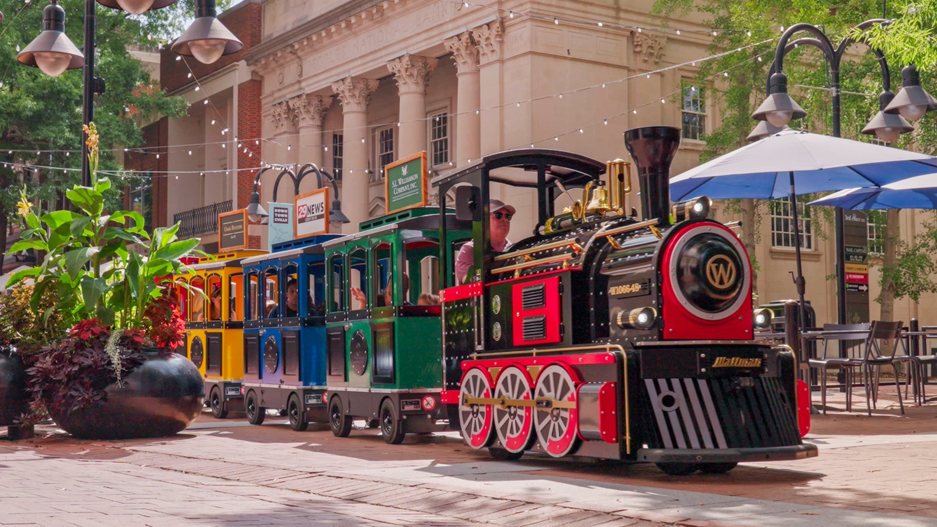 Wattman Mini Express trackless train operating in Charlottesville